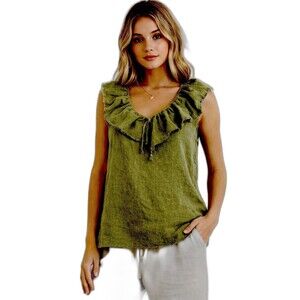Umgee Olive Green Ruffle Sleeveless Size M Blouse Cottagecore Boho Linen Look